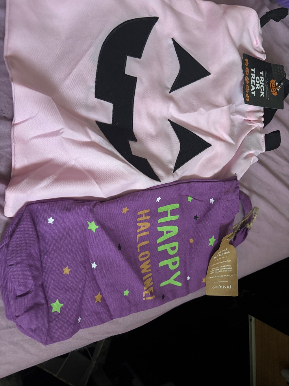 Trick or Treat pink bag and purple canvas bottle bag